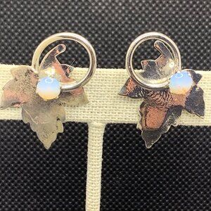 VTG Sterling Silver 925 Opal Maple Leaf Shape Screw Backs Earrings Size 1.25"